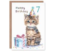 Artery8 7th Birthday Card Cute Baby Cat Kitten Party Hat Kids Age 7 Year Old Child For Son Daughter Girl Boy Happy Card