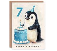 Artery8 7th Birthday Card Cute Baby Penguin Cake Cartoon Kids Age 7 Year Old Child For Son Daughter Girl Boy Happy Card