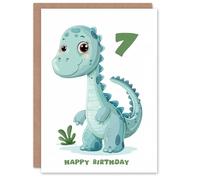 Artery8 7th Birthday Card Cute Blue Baby Dinosaur Cartoon Kids Age 7 Year Old Child For Son Daughter Girl Boy Happy Card