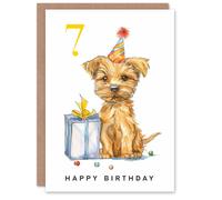 Artery8 7th Birthday Card Cute Terrier Dog Puppy Party Hat Kids Age 7 Year Old Child For Son Daughter Girl Boy Happy Card