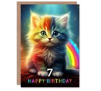 Artery8 7th Birthday Greeting Card Kids Cute Rainbow Kitten Age 7 Year Old Child