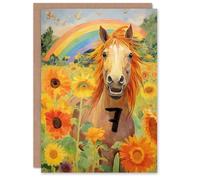 Artery8 7th Birthday Greeting Card Rainbow Horse Sunflowers Kids Age 7 Year Old Child