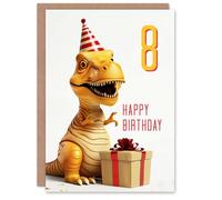 Artery8 8th Birthday Card Baby T-Rex Dinosaur Party Hat Kids Age 8 Year Old Child For Son Daughter Girl Boy Happy Card