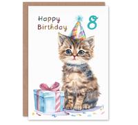 Artery8 8th Birthday Card Cute Baby Cat Kitten Party Hat Kids Age 8 Year Old Child For Son Daughter Girl Boy Happy Card