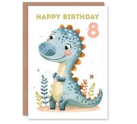 Artery8 8th Birthday Card Cute Blue Dinosaur Cartoon Drawing Fun Kids Age 8 Year Old Child For Son Daughter Girl Boy Happy Card