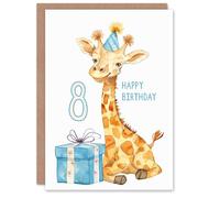 Artery8 8th Birthday Card Cute Giraffe Party Hat Cartoon Fun Kids Age 8 Year Old Child For Son Daughter Girl Boy Happy Card