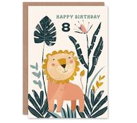 Artery8 8th Birthday Card Cute Happy Lion Jungle Flowers Kids Age 8 Year Old Child For Son Daughter Girl Boy Happy Card