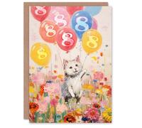 Artery8 8th Birthday Greeting Card Flowers Kitty Cat Balloons Kids Age 8 Year Old Child