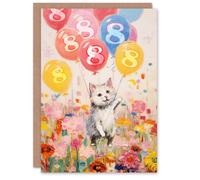 Artery8 8th Birthday Greeting Card Flowers Kitty Cat Balloons Kids Age 8 Year Old Child