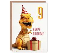 Artery8 9th Birthday Card Baby T-Rex Dinosaur Party Hat Kids Age 9 Year Old Child For Son Daughter Girl Boy Happy Card in White Artery8 White