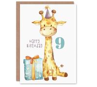 Artery8 9th Birthday Card Cute Baby Giraffe in Party Hat Cartoon Kids Age 9 Year Old Child For Son Daughter Girl Boy Happy Card