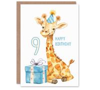 Artery8 9th Birthday Card Cute Giraffe Party Hat Cartoon Fun Kids Age 9 Year Old Child For Son Daughter Girl Boy Happy Card