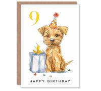 Artery8 9th Birthday Card Cute Terrier Dog Puppy Party Hat Kids Age 9 Year Old Child For Son Daughter Girl Boy Happy Card