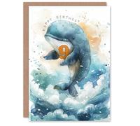 Artery8 9th Birthday Card Cute Whale Wave Jump Kids Age 9 Year Old Child For Son Daughter Girl Boy Happy Card in Blue Artery8 Blue
