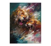 Artery8 A Big Cat Fight Jaguar Lion Leopard Action Painting Aqua Blue Extra Large XL Wall Art Poster Print | Size: W24" x H32" Artery8 Multicolor W24" x H32"
