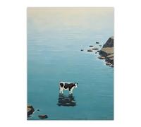 Artery8 A Cow at Sea Surreal Seascape Oil Painting Blue Grey White Magical Realism Bathroom Artwork Large Wall Art Poster Print Thick Paper 18X24 Inch