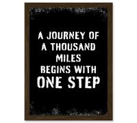 Artery8 A Journey Of A Thousand Miles Begins w/ One Step Inspirational Positive Motivational Gym Workout Living Room Typography Artwork Framed Wall Artery8 Brown