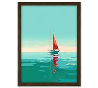 Artery8 A Sailboat with a Red Sail Sailing on a Calm Sea Artwork Framed A3 Wall Art Print