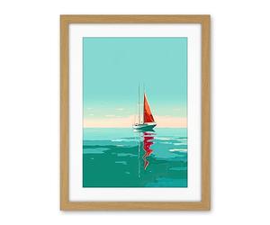 Artery8 A Sailboat with a Red Sail Sailing on a Calm Sea Artwork Framed Wall Art Print 18X24 Inch