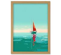 Artery8 A Sailboat with a Red Sail Sailing on a Calm Sea Artwork Framed Wall Art Print A4