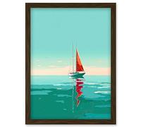Artery8 A Sailboat with a Red Sail Sailing on a Calm Sea Artwork Framed Wall Art Print A4