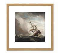 Artery8 A Ship On The High Seas Caught By A Squall 8X8 Inch Square Wooden Framed Wall Art Print Picture with Mount in Light Oak Artery8 Light Oak