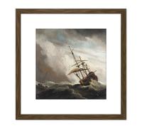 Artery8 A Ship On The High Seas Caught By A Squall 8X8 Inch Square Wooden Framed Wall Art Print Picture with Mount in Brown Artery8 Brown
