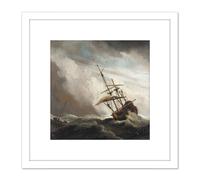 Artery8 A Ship On The High Seas Caught By A Squall 8X8 Inch Square Wooden Framed Wall Art Print Picture with Mount in White Artery8 White