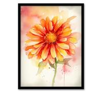 Artery8 A Single Gerbera Daisy Soft Watercolour Painting Pink Green Orange Spring Bloom Flower Nature Colourful Bright Floral Modern Artwork Artwork Framed Wall Art Print 18X24 Inch