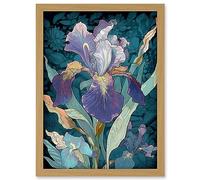 Artery8 A Single Iris Flower Bloom Purple Teal and Yellow Artwork Framed A3 Wall Art Print