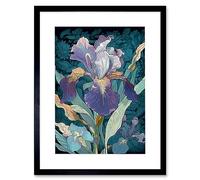 Artery8 A Single Iris Flower Bloom Purple Teal and Yellow Artwork Framed Wall Art Print 12X16 Inch