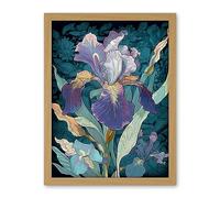 Artery8 A Single Iris Flower Bloom Purple Teal and Yellow Artwork Framed Wall Art Print 18X24 Inch