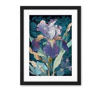 Artery8 A Single Iris Flower Bloom Purple Teal and Yellow Artwork Framed Wall Art Print 18X24 Inch