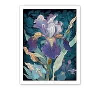 Artery8 A Single Iris Flower Bloom Purple Teal and Yellow Artwork Framed Wall Art Print 18X24 Inch