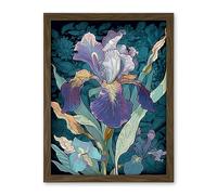 Artery8 A Single Iris Flower Bloom Purple Teal and Yellow Artwork Framed Wall Art Print 18X24 Inch