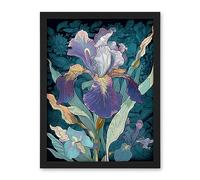 Artery8 A Single Iris Flower Bloom Purple Teal and Yellow Artwork Framed Wall Art Print 18X24 Inch