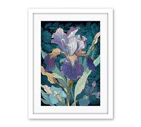 Artery8 A Single Iris Flower Bloom Purple Teal and Yellow Artwork Framed Wall Art Print 18X24 Inch