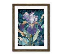 Artery8 A Single Iris Flower Bloom Purple Teal and Yellow Artwork Framed Wall Art Print 18X24 Inch