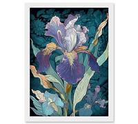 Artery8 A Single Iris Flower Bloom Purple Teal and Yellow Artwork Framed Wall Art Print A4