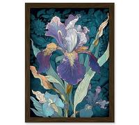 Artery8 A Single Iris Flower Bloom Purple Teal and Yellow Artwork Framed Wall Art Print A4