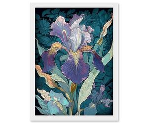 Artery8 A Single Iris Flower Bloom Purple Teal and Yellow Artwork Framed Wall Art Print A4