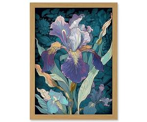 Artery8 A Single Iris Flower Bloom Purple Teal and Yellow Artwork Framed Wall Art Print A4