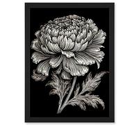 Artery8 A Single Marigold Flower Black and White Linocut Artwork Framed A3 Wall Art Print