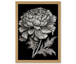 Artery8 A Single Marigold Flower Black and White Linocut Artwork Framed A3 Wall Art Print