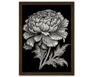 Artery8 A Single Marigold Flower Black and White Linocut Artwork Framed Wall Art Print A4