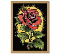 Artery8 A Single Rose Old School USA Tattoo Ink Body Art Rockabilly Americana 50s Artwork Framed A3 Wall Art Print