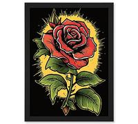 Artery8 A Single Rose Old School USA Tattoo Ink Body Art Rockabilly Americana 50s Artwork Framed A3 Wall Art Print
