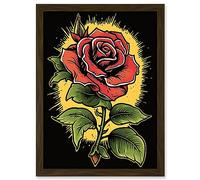 Artery8 A Single Rose Old School USA Tattoo Ink Body Art Rockabilly Americana 50s Artwork Framed Wall Art Print A4