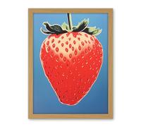Artery8 A Single Strawberry Block Colour Artwork Red on Blue Bold Bright Minimalist Kitchen Decor Artwork Framed Wall Art Print 18X24 Inch