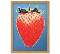 Artery8 A Single Strawberry Block Colour Artwork Red on Blue Bold Bright Minimalist Kitchen Decor Artwork Framed Wall Art Print A4